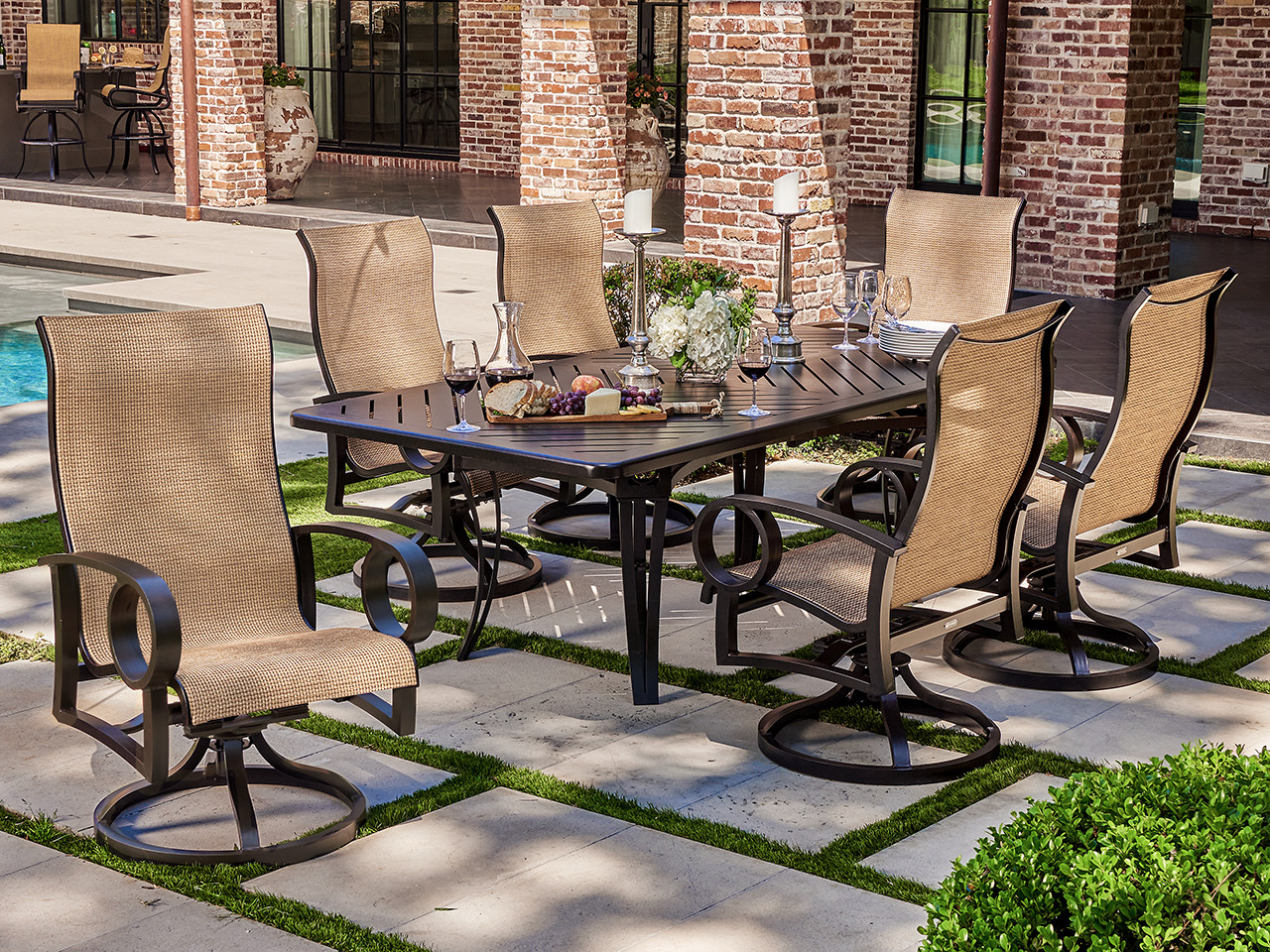 Eclipse Autumn Rust Aluminum and Dublin Oak Sling 7 Pc. Swivel Dining Set with 84 x 42 in. Table