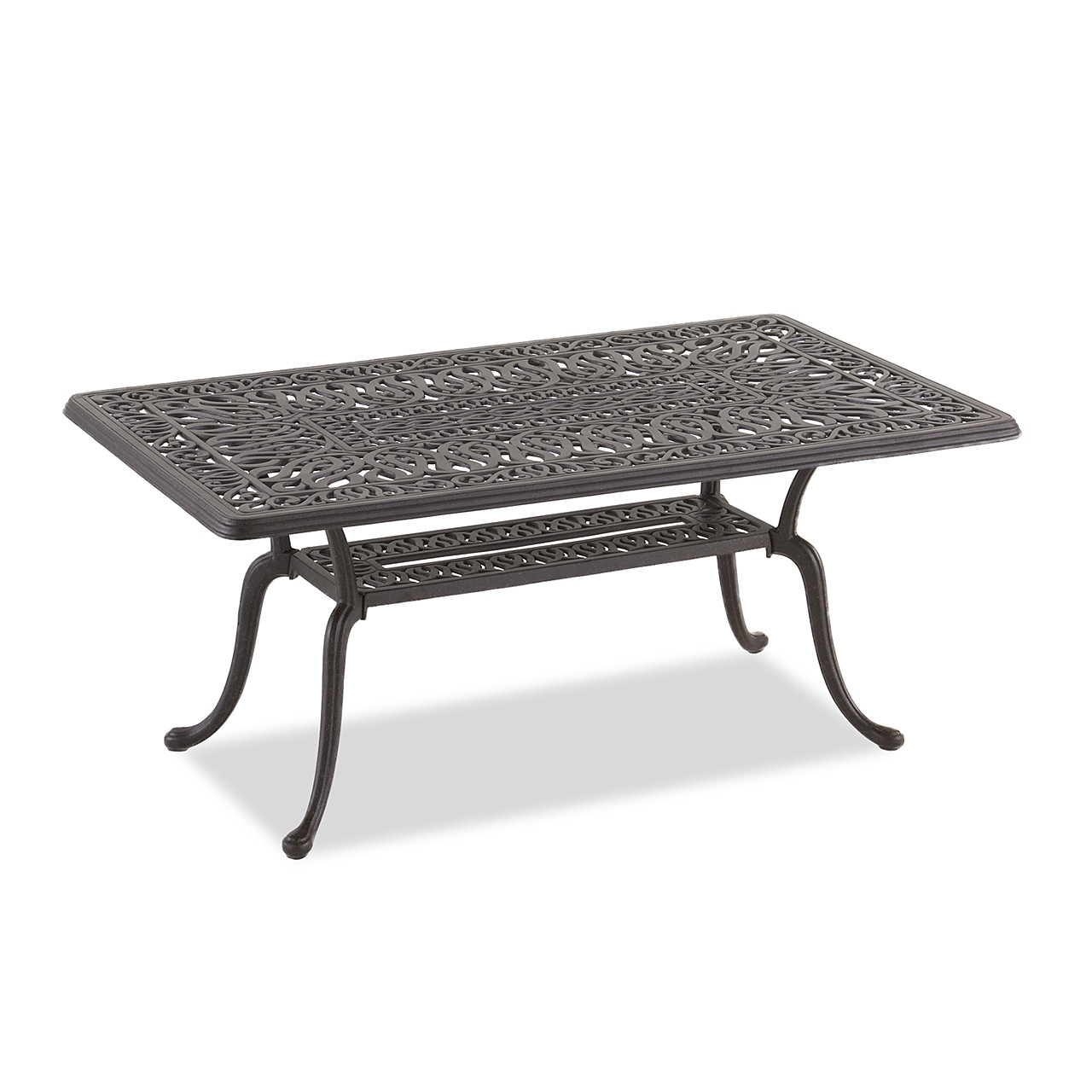 Cadiz Aged Bronze Cast Aluminum and Cast Teak Cushion 4 Pc. Loveseat Group with 42 x 26 in. Coffee Table