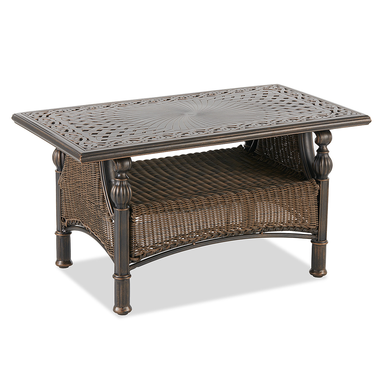 Barcelona Black Gold Aluminum and Outdoor Wicker with Pampas Linen Cushion 4 Pc. Sofa Group with 42 x 24 in. Coffee Table