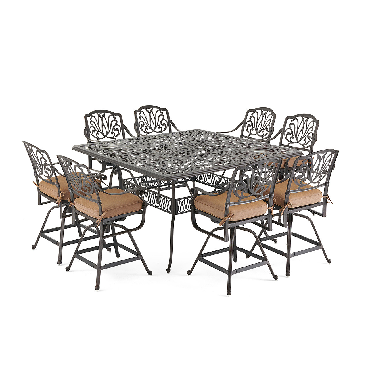 Cadiz Aged Bronze Cast Aluminum and Cast Teak Cushion 9 pc. Gathering Height Dining Set with 64 in. Sq. Table
