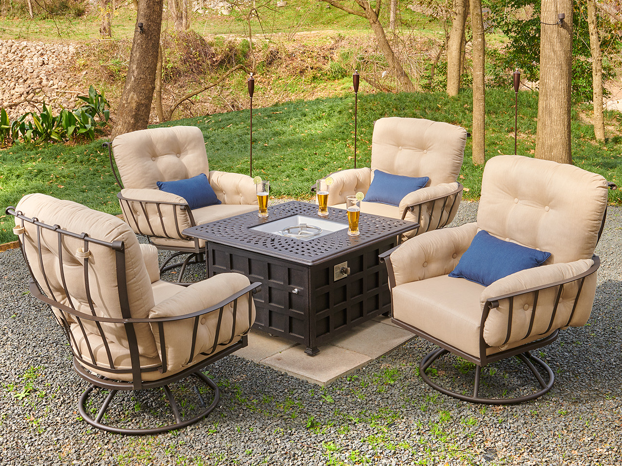 Vinings Chocolate Wrought Iron and Remy Linen 5 Pc. Chat Group with 42 in. Sq. Carlisle Fire Pit Table