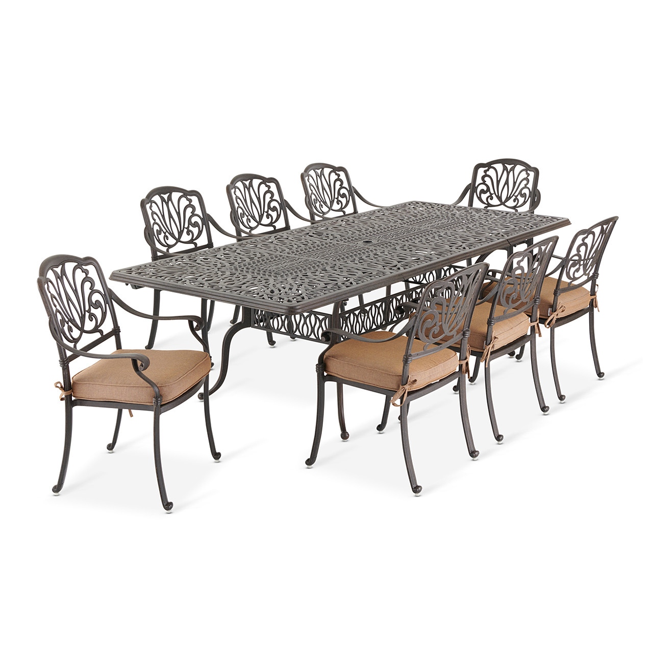 Cadiz Aged Bronze Cast Aluminum and Cast Teak Cushion 9 Pc. Dining Set with 71-103 x 44 in. Double Extension Table