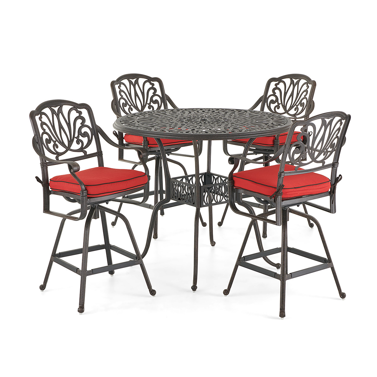 Cadiz Aged Bronze Cast Aluminum and Flagship Ruby Cushion 5 Pc. Bar Set with 48 in. D Table