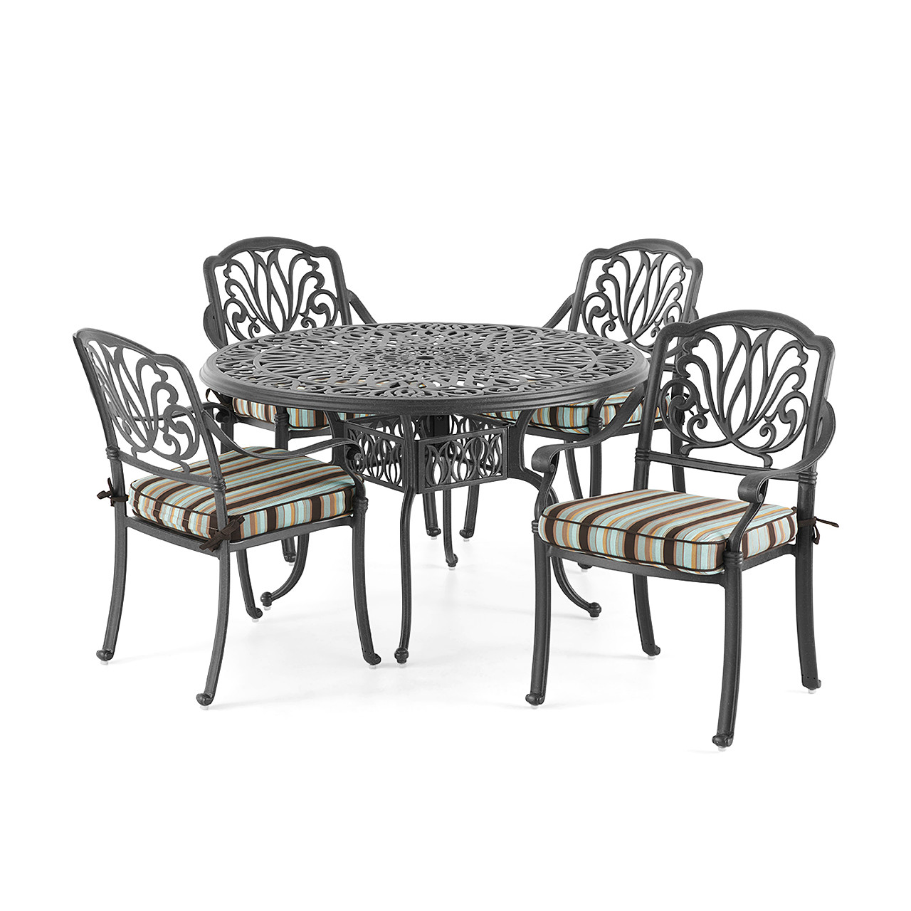 Cadiz Aged Bronze Cast Aluminum and Clayton Zen Cushion 5 Pc. Dining Set with 48 in. D Table