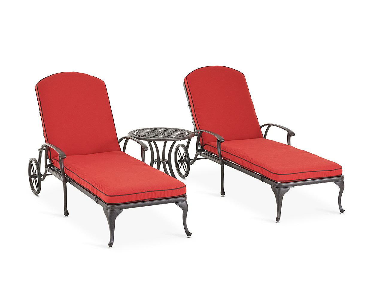 Carlisle Aged Bronze Cast Aluminum and Flagship Ruby Cushion 3 Pc. Chaise Set with 22 in. End Table