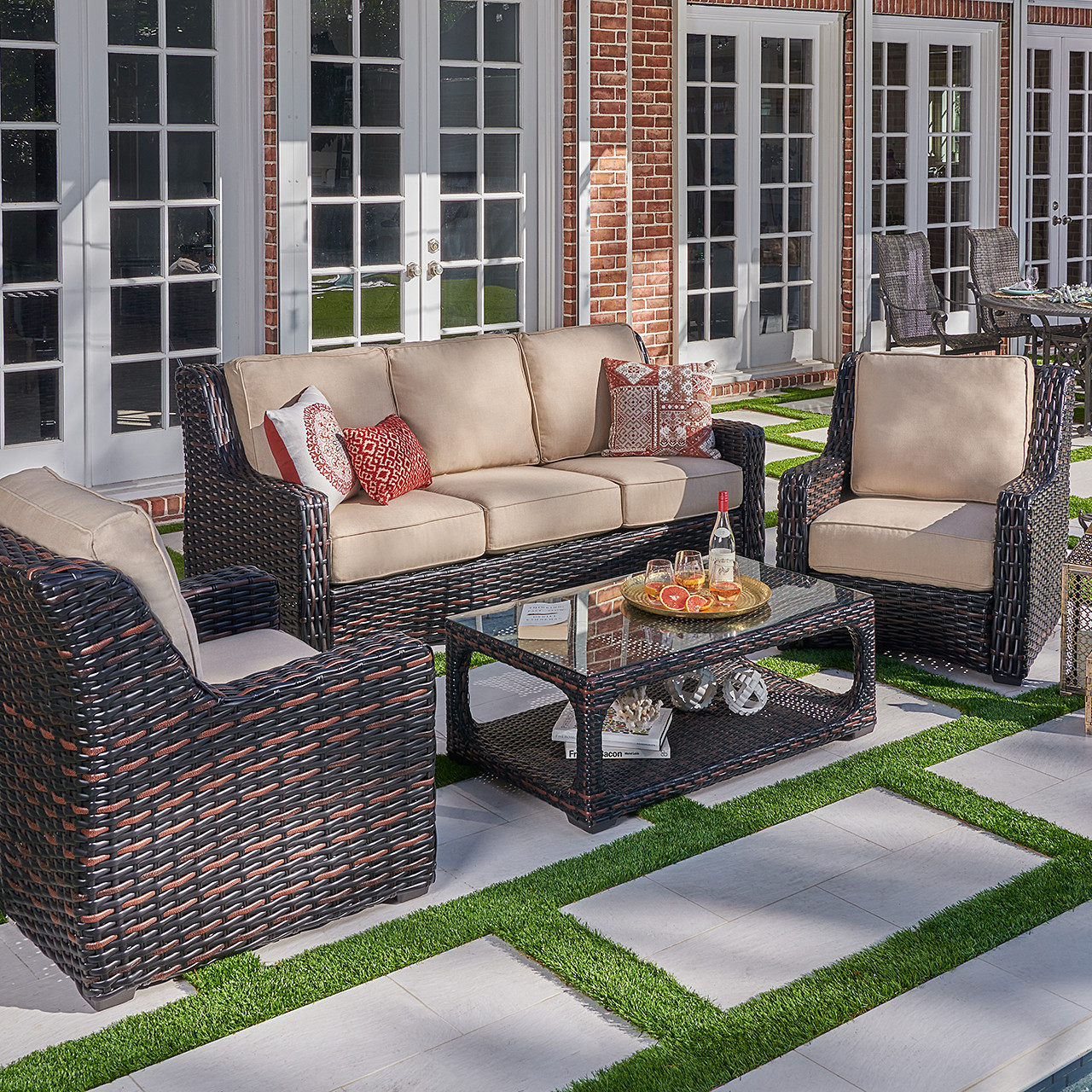 Tangiers Cabernet Outdoor Wicker and Sailcloth Sahara Cushion 4 Pc. Sofa Group with 46 x 26 in. Coffee Table