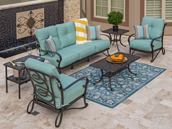 Astoria Desert Bronze Cast Aluminum and Spectrum Mist Cushion 4 Pc. Sofa Group with 45 x 24 in. Coffee Table