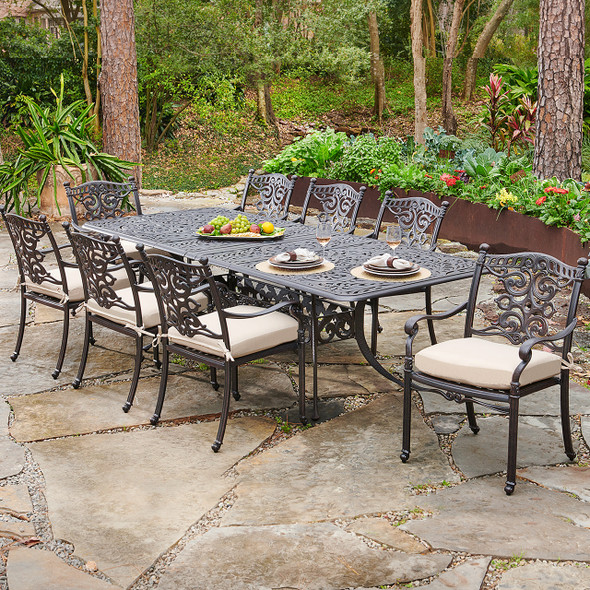 St. James Desert Bronze Cast Aluminum 9 Pc. Dining Set with 76-100 x 42 in. Extension Table