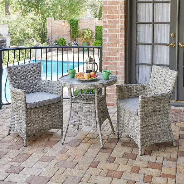 Samoa Slate Outdoor Wicker and Grey Linen Cushion 3 Pc. Bistro Set with 28 in. D Bistro Table