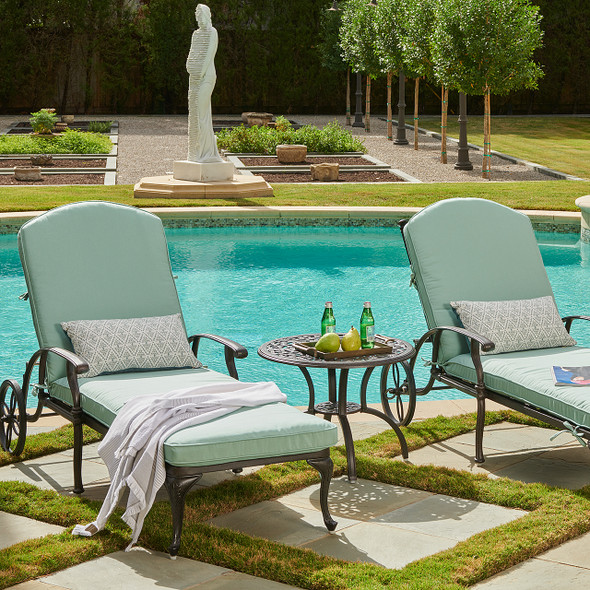 Milan Aged Bronze Cast Aluminum and Spectrum Mist Cushion 3 Pc. Chaise Lounge Set with 24 in. D Side Table Milan Aged Bronze Cast Aluminum and Spectrum Mist Cushion 3 Pc. Chaise Lounge Set with 24 in. D Side Table