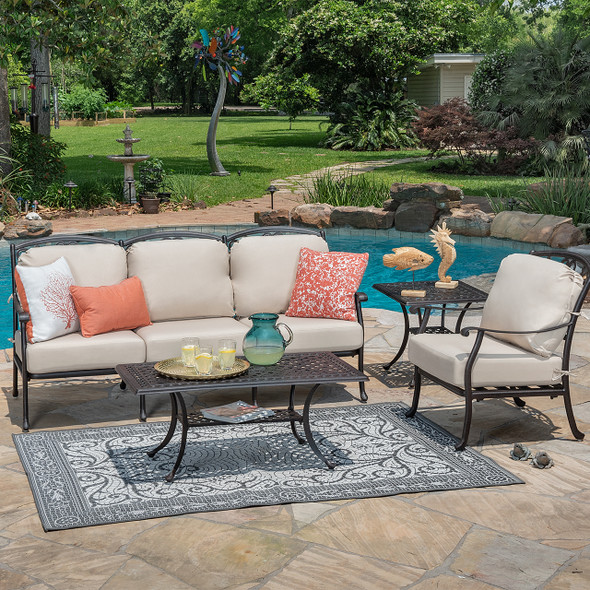 Carlisle Aged Bronze Cast Aluminum and Beige Cushion 3 pc. Sofa Group with 45 x 24 in. Coffee Table