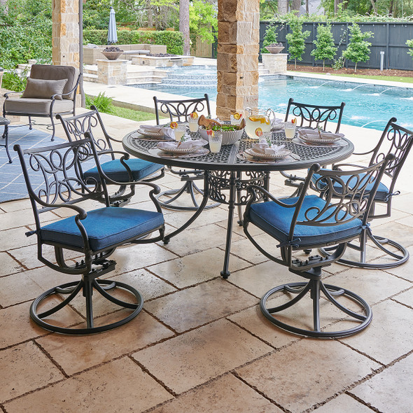 Chateau Rust Aluminum and Denim Cushion 7 Pc. Swivel Dining Set with 60 in. D Table