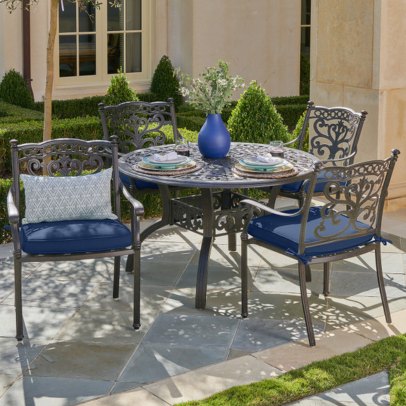 Milan Aged Bronze Cast Aluminum and Spectrum Indigo Cushion 5 Pc. Dining Set with 48 in. D Table