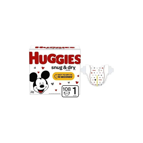 Kimberly Clark - Kleenex - 49856 - Huggies Snug And Dry Diapers, Size 1, 8 - 14 Lb (3 - 6 Kg), Big Pack, 108 Total Count. - Case/108