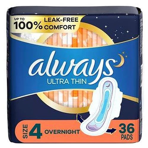 Procter & Gamble - 80361807 - Always Ultra Thin Pads Overnight Absorbency Unscented With Wings, Size 4, 36 Ct - Package/36