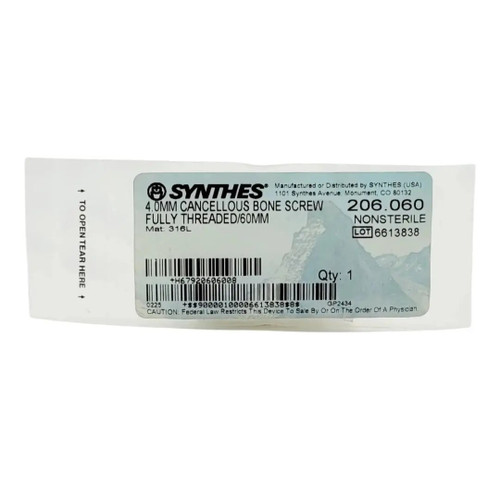 Depuy Synthes - 206.060 - 4.0Mm Cancellous Bone Screw Fully Threaded 60Mm - Open - Each