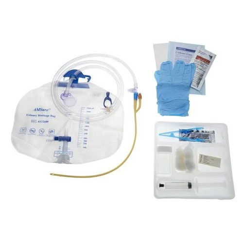Amsino - As89816s - Amsure Foley Tray Meter, Preconn 100% Silicone 16fr, 05cc, 400ml Meter/2600cc Bag, Nitrile Gloves, Sterile