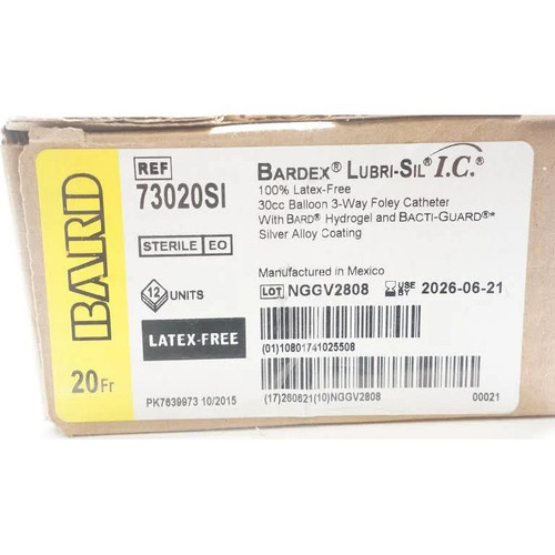 Bard Rochester - Lubri-Sil I.C. - 73020Si - Foley Catheter 3 - Way Standard Tip 30 Cc Balloon 20 Fr Antimicrobial Hydrogel Coated Silicone