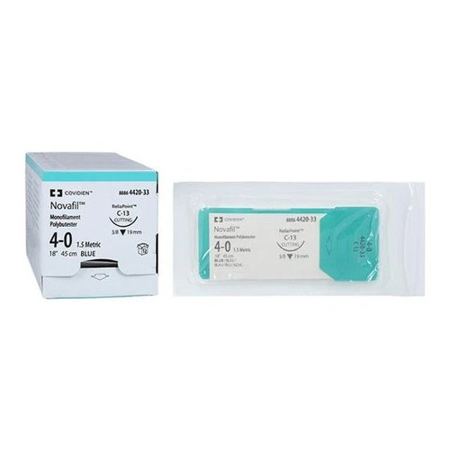 Covidien - Novafil - 8886442431 - Nonabsorbable Suture With Needle Polybutester C - 16 3/8 Circle Reverse Cutting Size 4 - 0 Monofilament