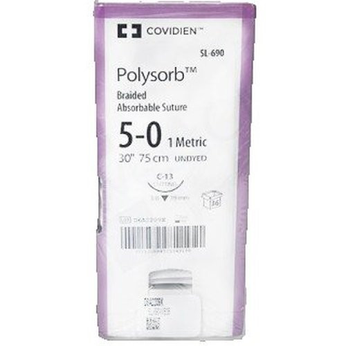 Covidien - Polysorb - Sl-690 - Absorbable Suture With Needle Polyester C - 13 3/8 Circle Reverse Cutting Size 5 - 0 Braided