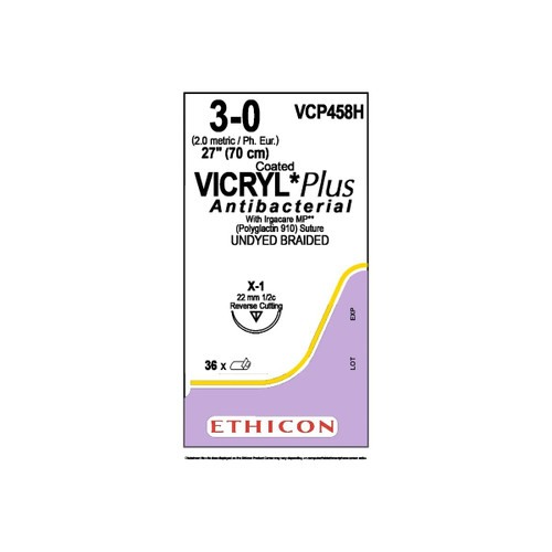 Johnson & - Coated Vicryl - Vcp451H - Systems - J&J - Plus Absorbable Antibacterial Suture With Needle Polyglactin 910 Fs - 1 3/8 Circle Reverse Cutting Size 4 - 0 Braided