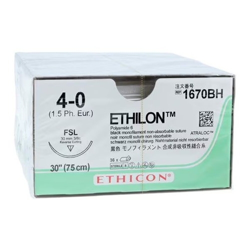 Johnson & - Ethicon - 1670Bh - Systems - Ethilon Nonabsorbable Suture With Needle Nylon Fsl 3/8 Circle Reverse Cutting Size 4 - 0 Monofilament