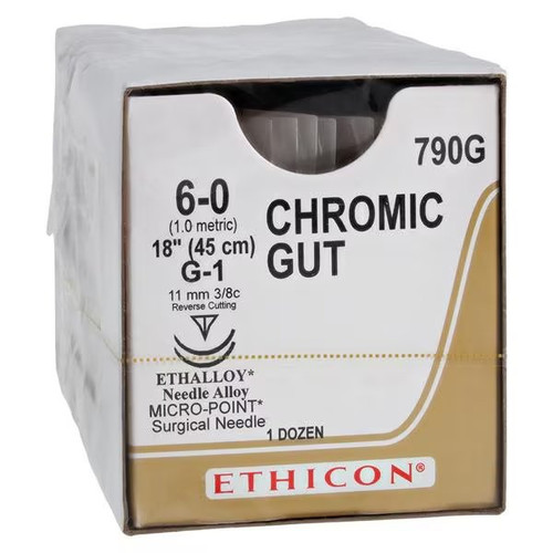 Johnson Johnson - J J Healthcare Systems - 790G - Absorbable Suture With Needle Chromic Gut G - 1 3 8 Circle Precision Reverse Cutting Size 6-0 