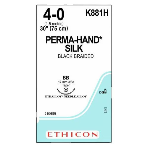 Johnson & - J Healthcare Systems - K881H - Nonabsorbable Suture With Needle Perma - Hand Silk Bb 3/8 Circle Taper Point Size 4 - 0 Braided