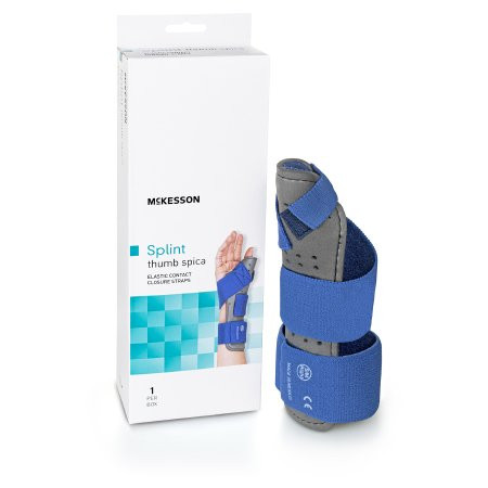 Mckesson - 155-79-87113 - Thumb Splint Adult Small / Medium Hook And Loop Strap Closure Right Hand Blue Gray