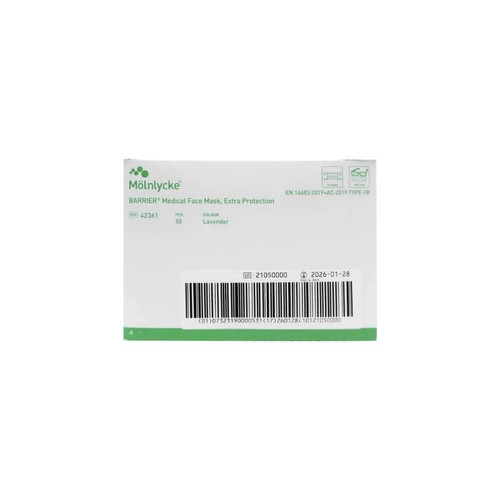 Molnlycke Health Care - Barrier Extra Protection - 42361 - Surgical Mask Anti - Fog Pleated Tie Closure One Size Fits Most Lavender Nonsterile Not Rated Adult