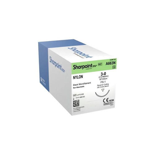 Surgical Specialties - A663N - Nonabsorbable Suture With Needle Nylon Ds24 3/8 Circle Reverse Cutting Size 3 - 0 Monofilament