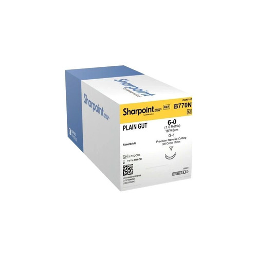 Surgical Specialties - B770N - Absorbable Suture With Needle Plain Gut Dsm11 3/8 Circle Precision Reverse Cutting Size 6 - 0