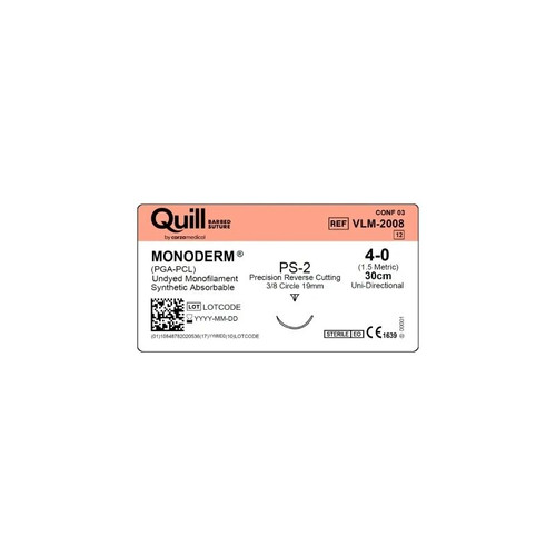 Surgical Specialties - Quill Variable Loop Device Monoderm - Vlm-2008 - Absorbable Suture With Needle Device, Polyglycolic Acid / Pcl 3/8 Circle Reverse Cutting Size 4 - 0 Barbed Monofilament