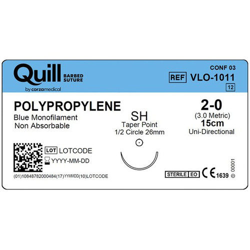 Surgical Specialties - Vlo-1011 - Suture, Quill Barbed Pp 2 - 0 Blu 15Cm Sh 1/2" Cir 26Mm - Box/12