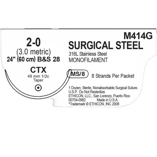 Johnson & - J Healthcare Systems - M414G - Suture, Steel Mono 2 - 0 24" Ctx - Box/12