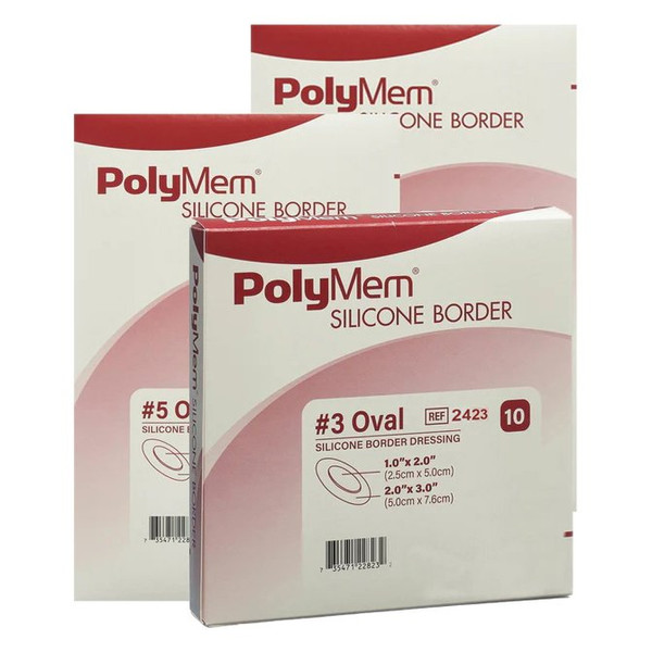Ferris - Polymem - 2468 - Foam Dressing 6 1 2 X 8 1 5 Inch With Border Film Backing Silicone Adhesive Oval Sterile 