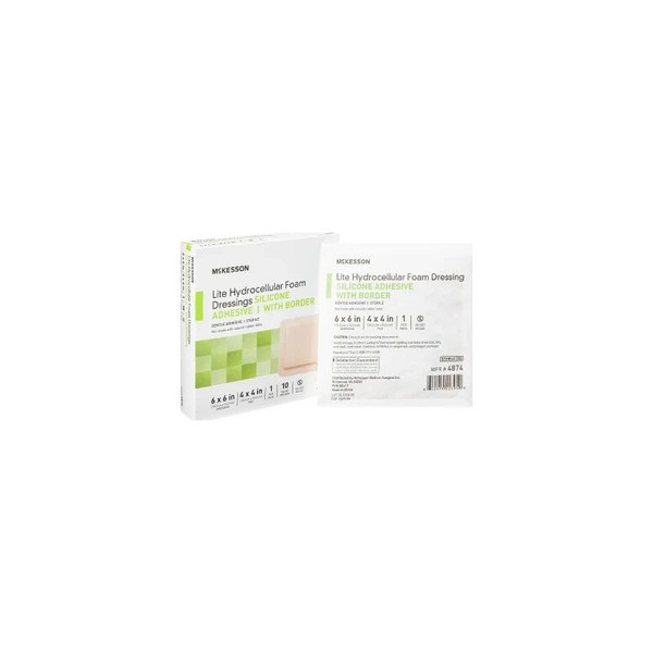 Mckesson - Lite - 4874 - Thin Foam Dressing 6 X Inch With Border Film Backing Silicone Gel Adhesive Square Sterile - Box/10