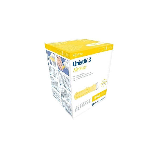 Owen Mumford - Unistik 3 - At 1002 - Safety Lancet 23 Gauge Retractable Push Button Activation Finger - Box/100