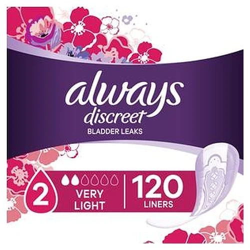 Procter & Gamble - 3077211689 - Always Discreet Incontinence Panty Liners, Very Light, 120 Ct - Replaces Gco80335387.Always Liners For Women With Bladder Leaks, Size 2, Ct. - Package/1
