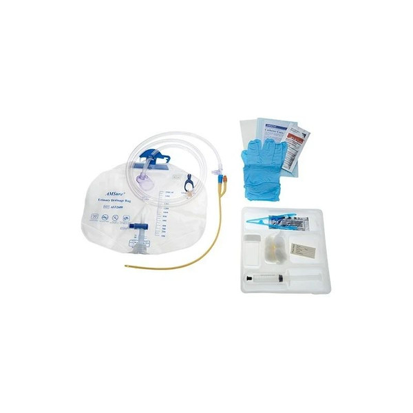 Amsino - As89318S - Amsure Foley Tray Bag, Preconn 100% Silicone 18Fr, 05Cc, 2000Ml 10Cc Syringe, Nitrile Gloves, Sterile - Box/10