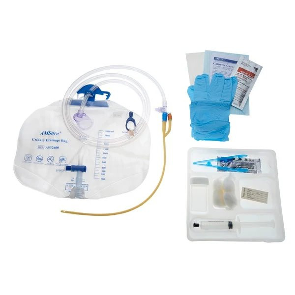 Amsino - As89318H - Amsure Foley Tray Bag, Preconn Hydrophilic Ctd 18Fr, 05Cc, 2000Ml 10Cc Syringe, Nitrile Gloves, Sterile - Box/10