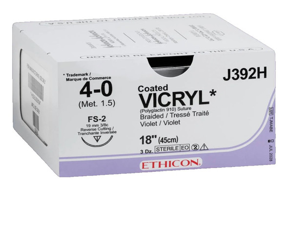 Johnson & - Coated Vicryl Plus - Vcp392Zh - Systems - Absorbable Antibacterial Suture With Needle Polyglactin 910 Fs - 2 3/8 Circle Reverse Cutting Size 4 - 0 Braided