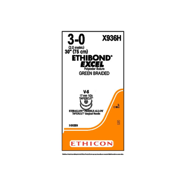 Johnson & - Ethibond - X936H - Systems - Nonabsorbable Suture With Needle Polyester V - 5 1/2 Circle Taper Cutting Size 3 - 0 Braided