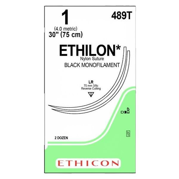 Johnson & - Ethicon - 489T - Systems - Ethilon Nonabsorbable Suture With Needle Nylon Lr 3/8 Circle Reverse Cutting Size 1 Monofilament