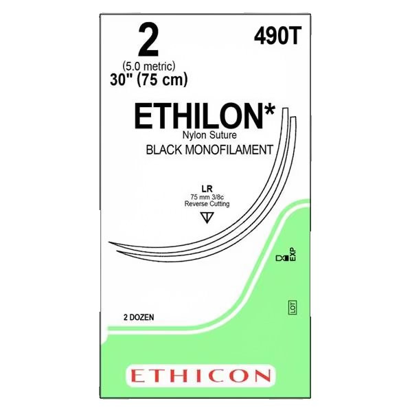 Johnson & - Ethicon - 490T - Systems - Ethilon Nonabsorbable Suture With Needle Nylon Lr 3/8 Circle Reverse Cutting Size 2 Monofilament