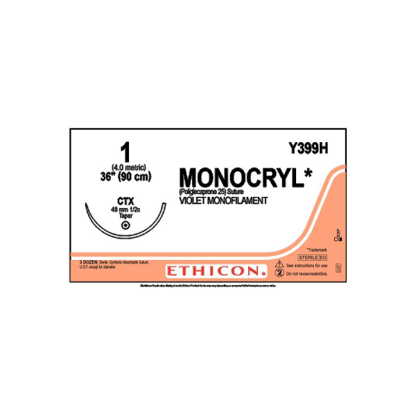 Johnson & - Monocryl - Y399H - Systems - Absorbable Suture With Needle Poliglecaprone Ctx 1/2 Circle Taper Point Size 1 Monofilament