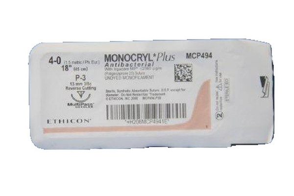 Johnson & - Monocryl Plus - Mcp494G - Systems - J&J - Absorbable Antibacterial Suture With Needle Poliglecaprone 25 Irgacare Mp P - 3 3/8 Circle Precision Reverse Cutting Size 4 - 0
