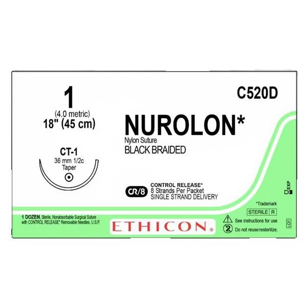 Johnson & - Nurolon - C520D - Systems - Nonabsorbable Suture With Needle Nylon Ct - 1 1/2 Circle Taper Point Size Braided