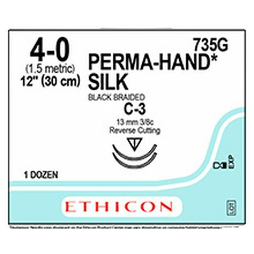 Johnson & - Perma-Hand - 735G - Systems - Nonabsorbable Suture With Needle Silk C - 3 3/8 Circle Reverse Cutting Size 4 - 0 Braided