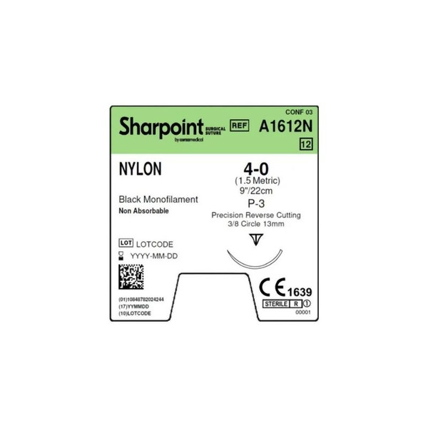 Surgical Specialties - A1612N - Suture, Nylon Sharpoint + Blk 4 - 0 3/8" Cir 13Mm 9"
